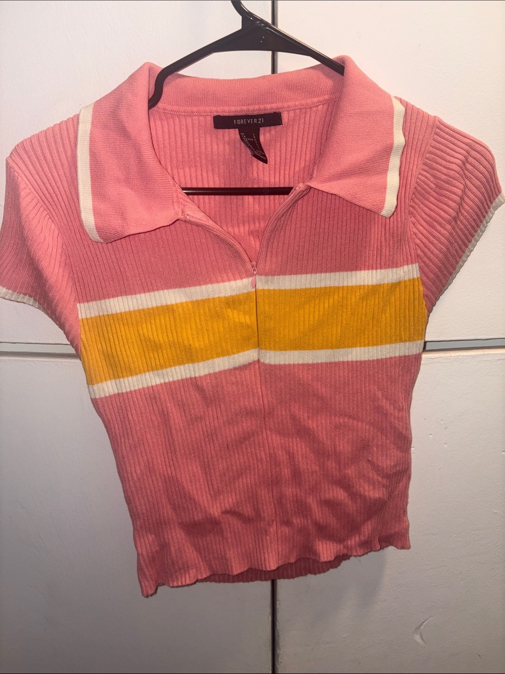 Forever 21 Pink Ribbed Zip Polo Crop Top with Yellow Stripe